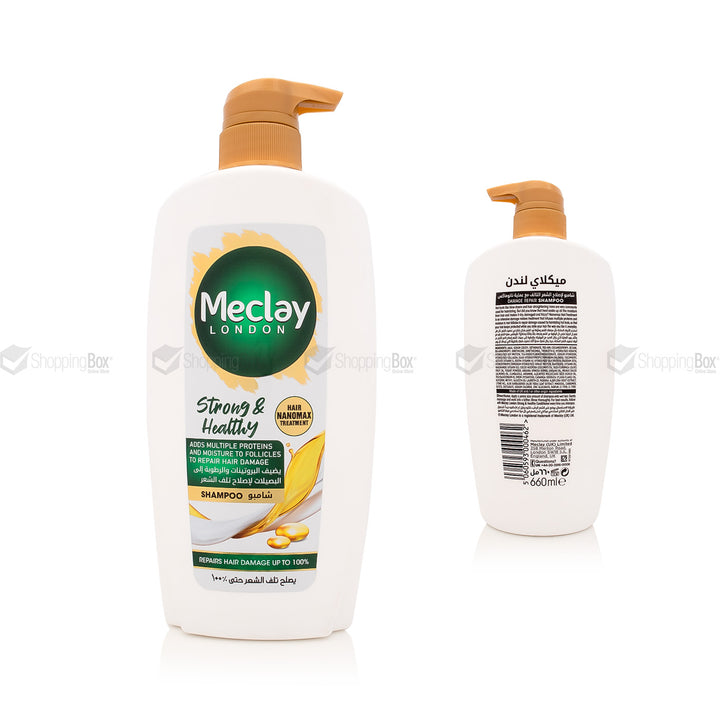 Meclay London shampoo bottle picture front and back with pump on a white background