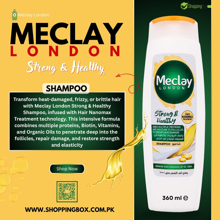 Meclay London Strong & Healthy Shampoo bottle with promotional text on a yellow background for Shopping Box Social Media Post.