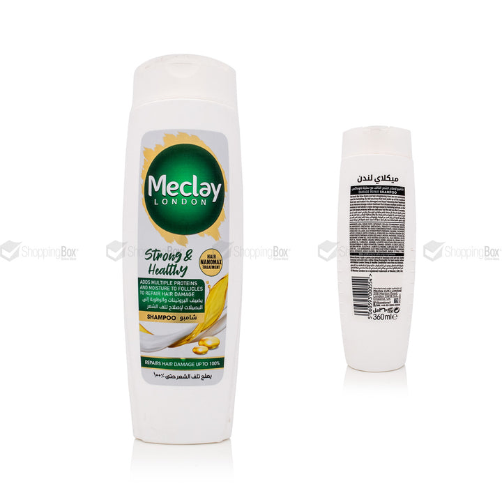 Meclay Strong & Healthy Shampoo front view and 360ml back with usage details