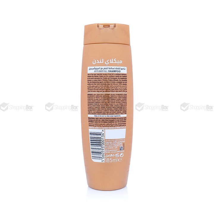 2.	Back view of Meclay London Hair Fall Defense Shampoo ingredients list 185ml