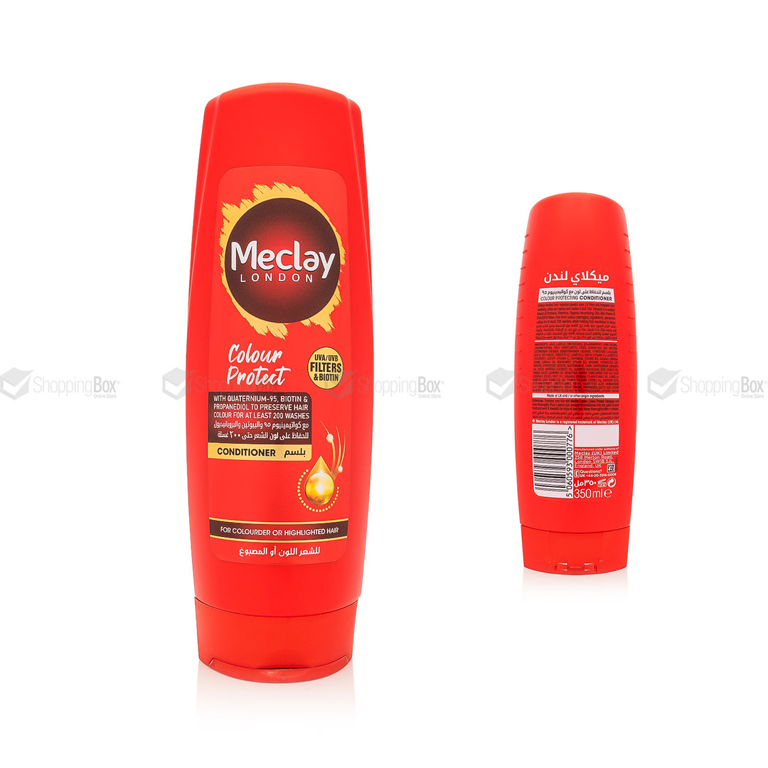 Red conditioner bottle with Meclay London branding on a white background