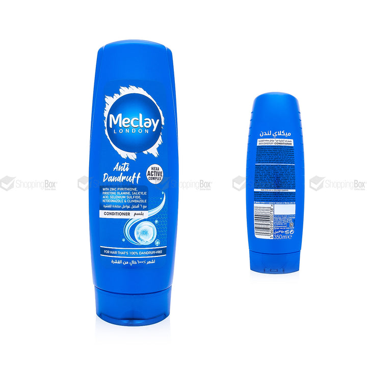 Blue Meclay London anti-dandruff conditioner bottle on a white background