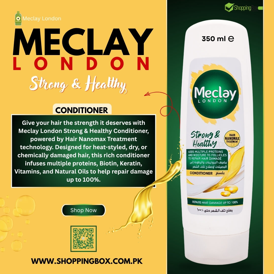 Meclay London Strong & Healthy Conditioner bottle with promotional text on a yellow and green background for Shopping Box.