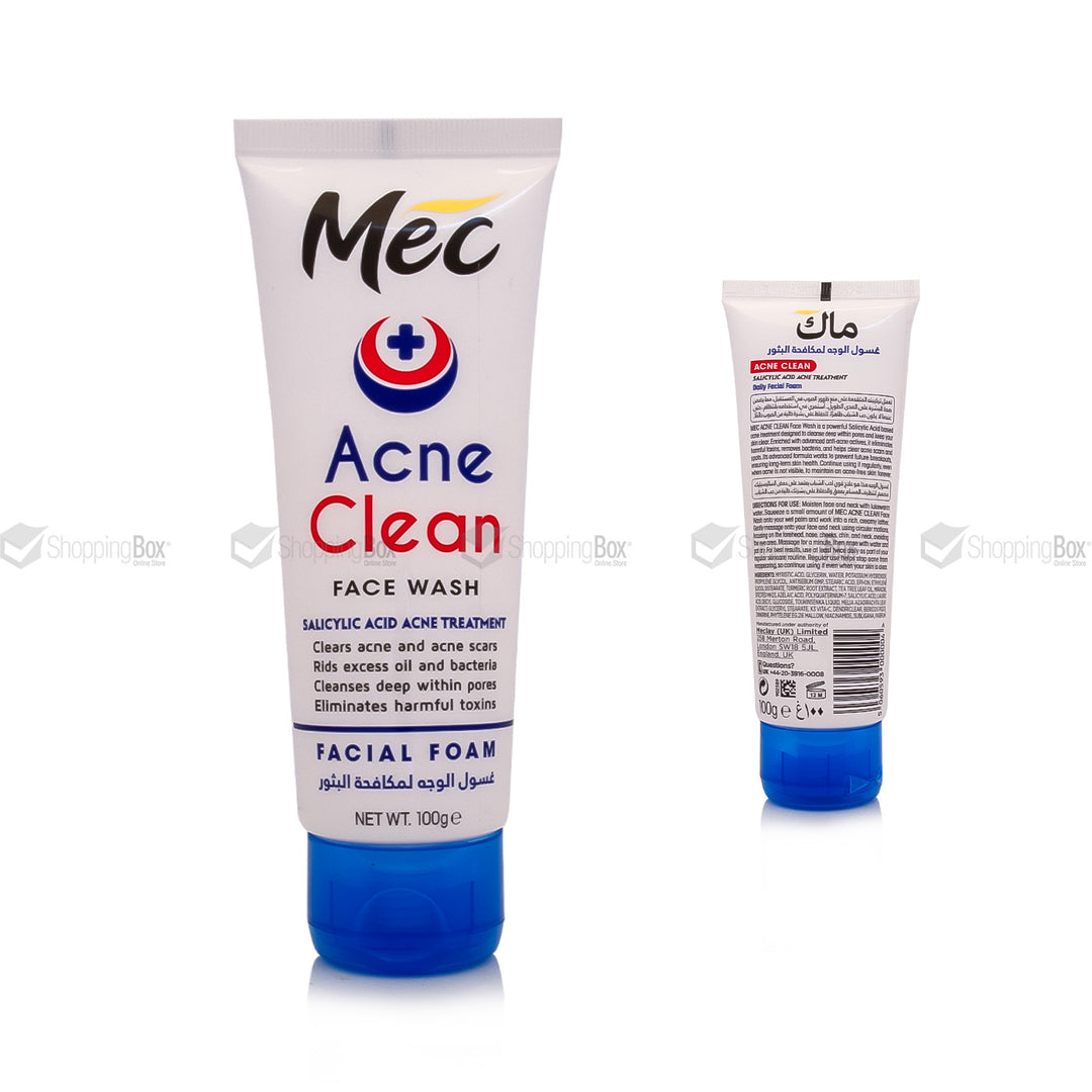 Mec Acne Clean Facial Foam face wash in a 100g squeeze tube, shown from the front and back on a white background.