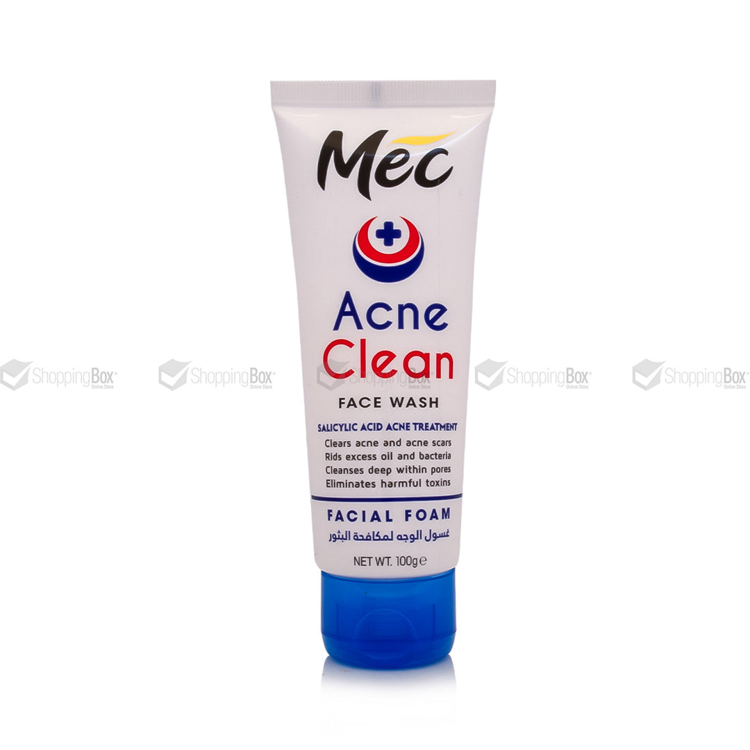 Mec Acne Clean Face Wash facial foam in a white squeeze tube with a blue cap, shown on a white background with faint watermark text.