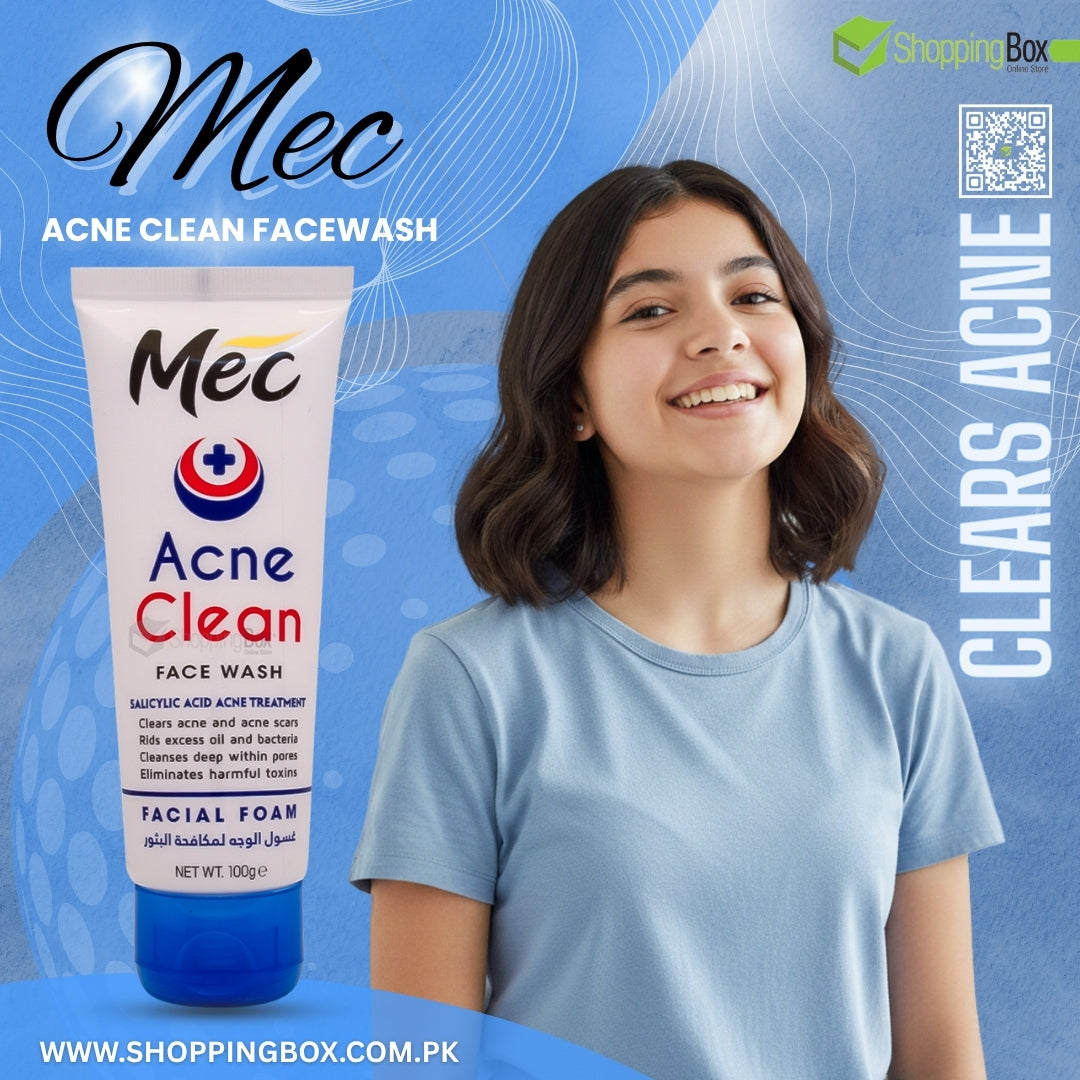 A 100g tube of Mec Acne Clean Face Wash shown next to a smiling young teen girl advertising for sopping Box Poster.