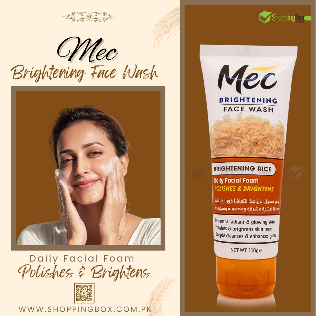 Mec Brightening Face Wash tube shown next to a promotional graphic featuring a woman applying the face wash. The tube is labeled 'Brightening Rice' and includes an orange and white design.