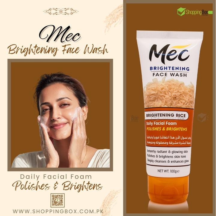 Mec Brightening Face Wash tube shown next to a promotional graphic featuring a woman applying the face wash. The tube is labeled 'Brightening Rice' and includes an orange and white design.
