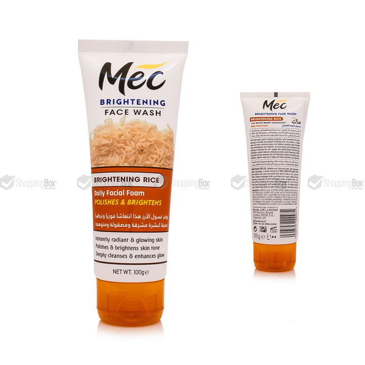 Two tubes of Mec Brightening Face Wash, one showing the front label with 'Brightening Rice' and the other showing the back with product details, on a white background.