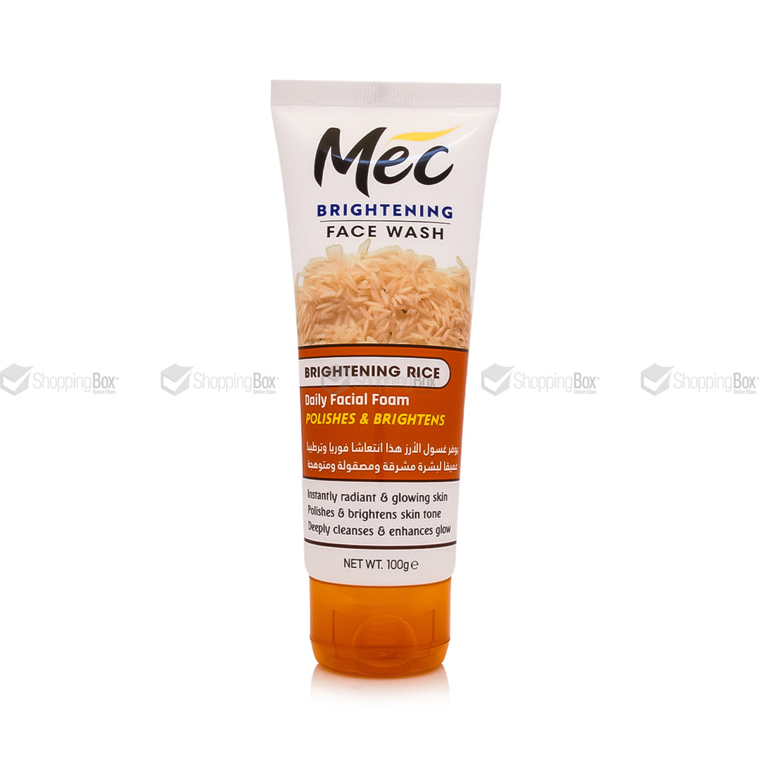 Mec Brightening Face Wash in a squeeze tube with a white upper label, orange lower section, and a photo of rice grains on the front, shown on a white background with faint watermark text.