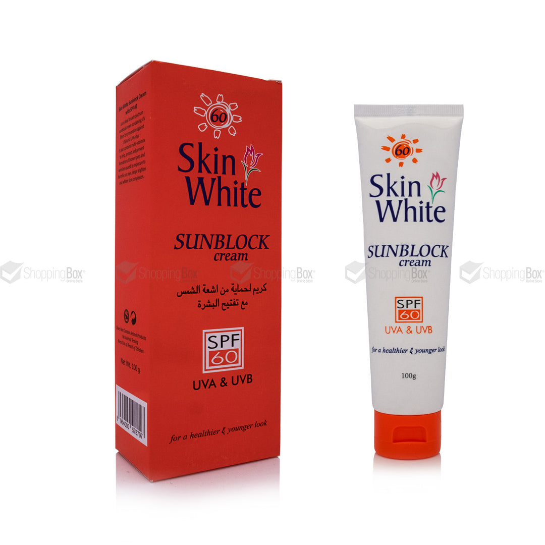 Skin White sunblock cream tube and packaging on a white background
