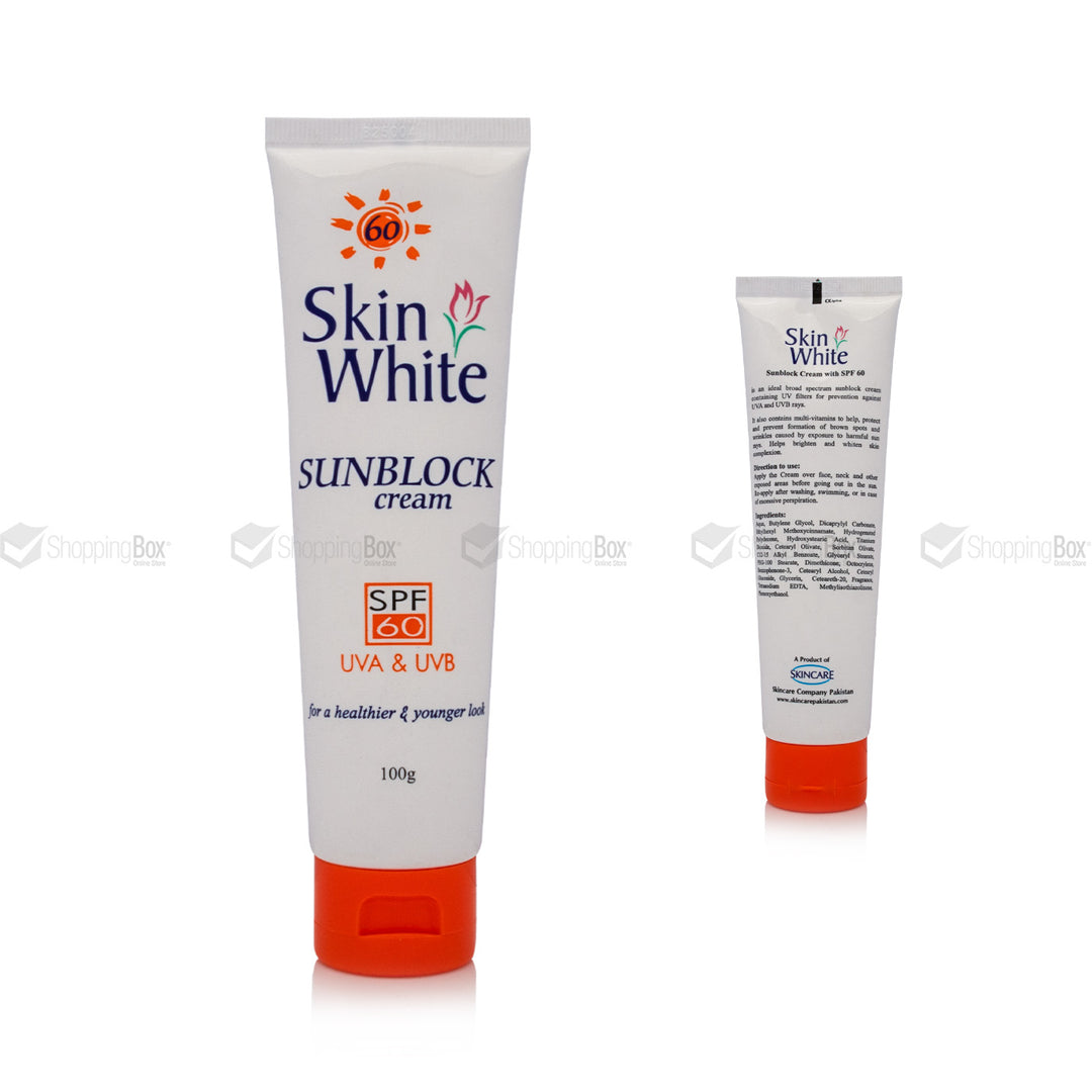 Two tubes of Skin White Sunblock cream on a white background