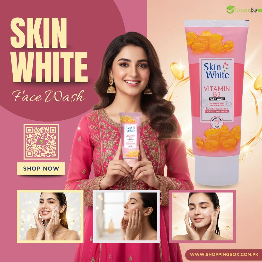 Woman holding Skin White face wash with product packaging and promotional text on a pink background