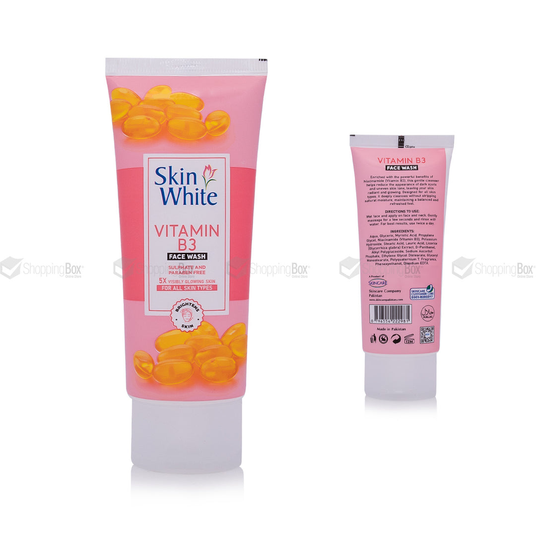 Pink tube of Skin White Vitamin B3 Face Wash on a white background