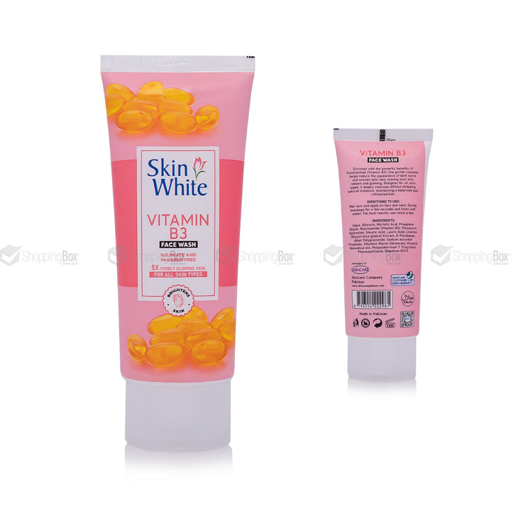 Pink tube of Skin White Vitamin B3 Face Wash on a white background