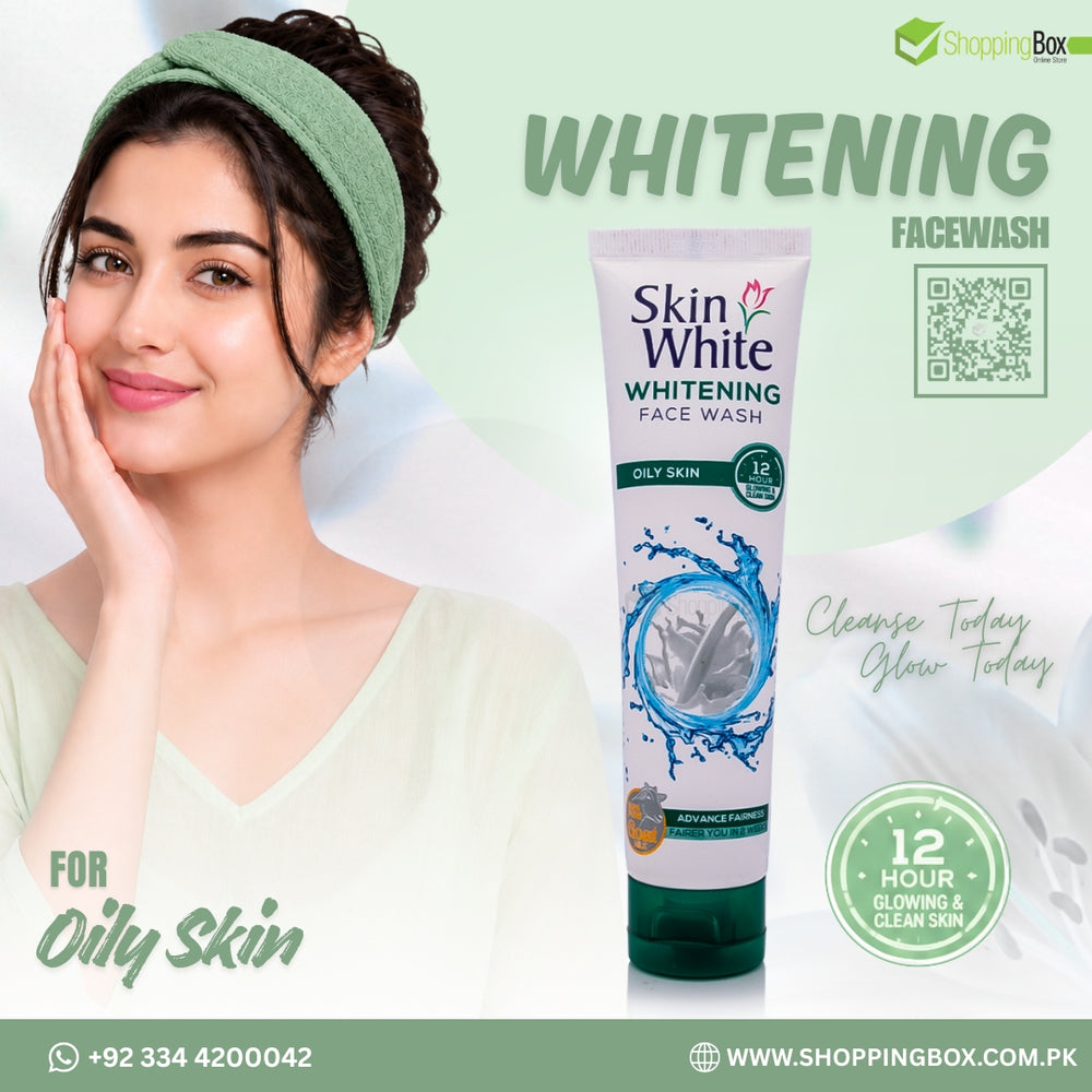Woman with a green headband and Skin White Whitening Face Wash 100ml  tube on a light green background Advertising for Shopping Box.