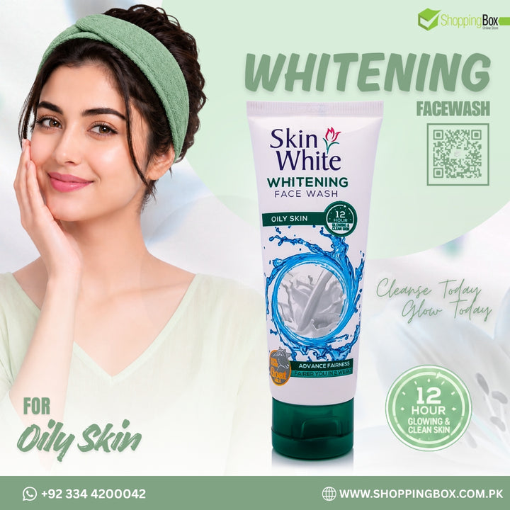 Woman with a green headband and Skin White Whitening Face Wash 600ml  tube on a light green background Advertising for Shopping Box.