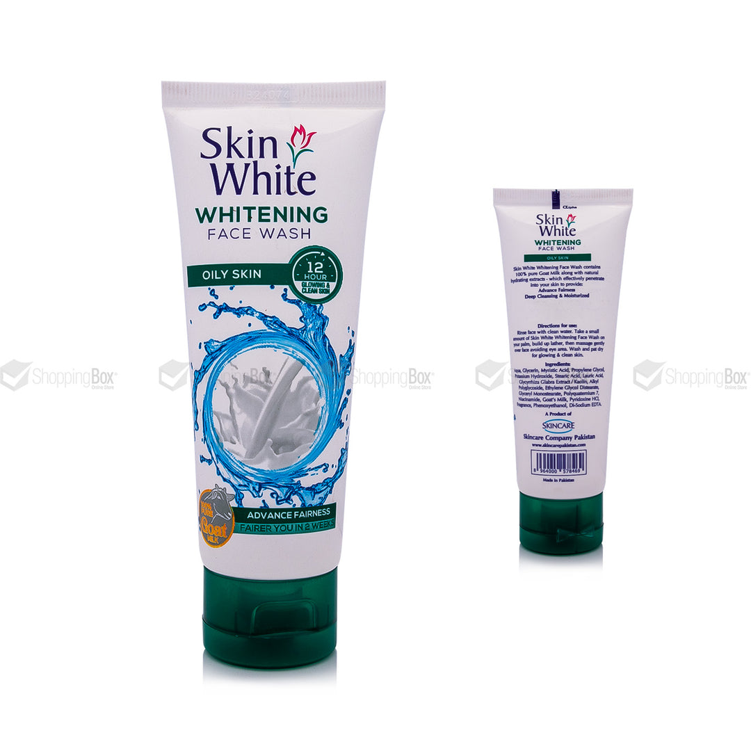 Two bottles of Skin White Whitening Face Wash on a white background