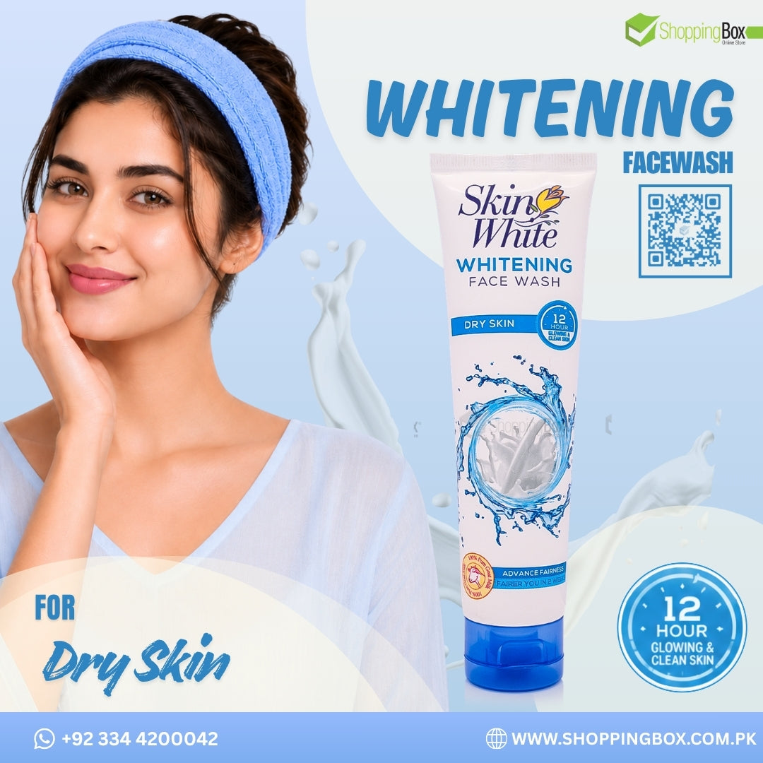 Woman with a blue headband and Skin White Whitening Face Wash on a light blue background