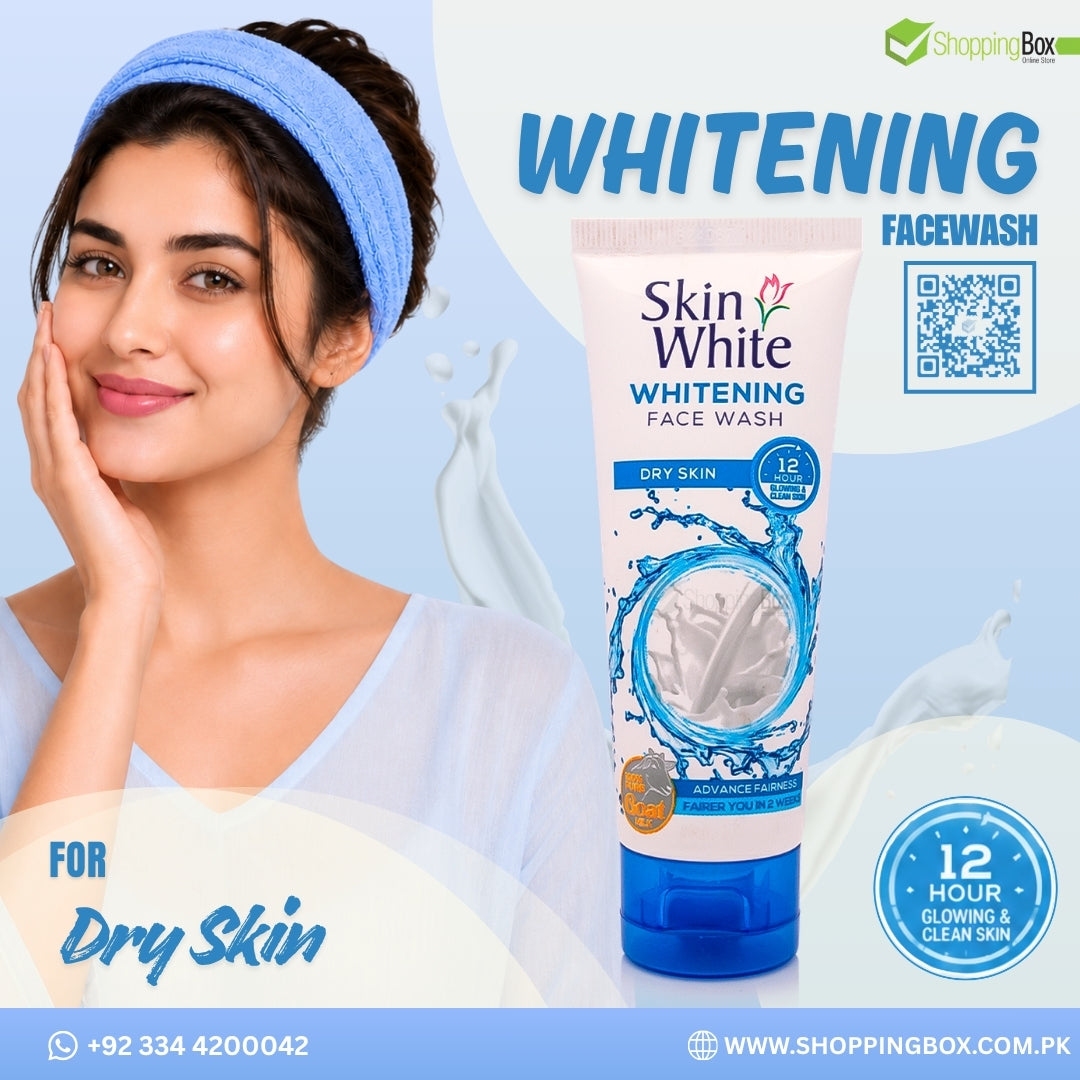 Woman with a blue headband and Skin White Whitening Face Wash 60ml on a light blue background