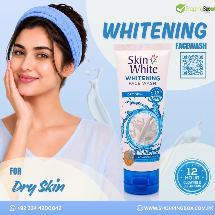 Woman with a blue headband and Skin White Whitening Face Wash 60ml on a light blue background