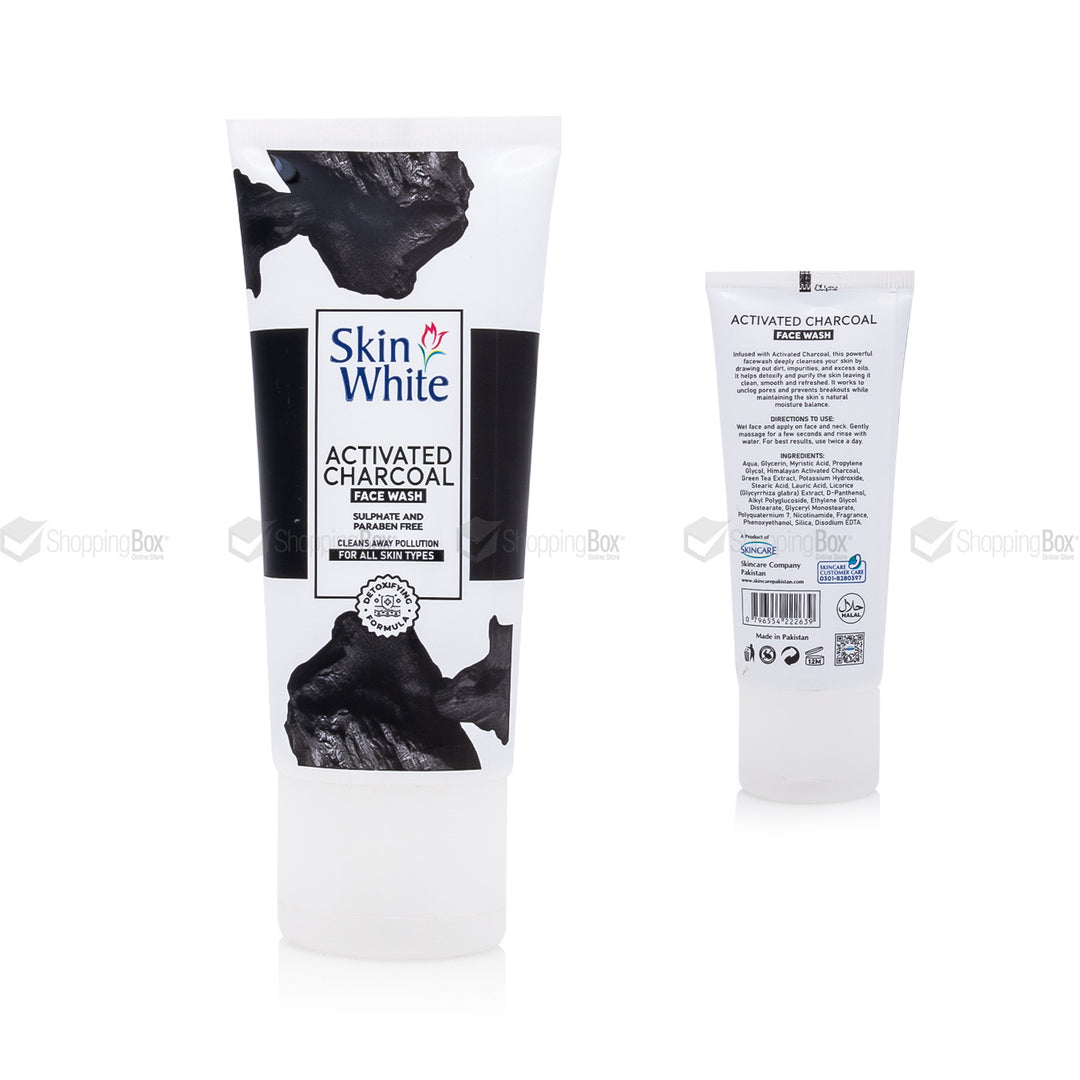 Skin White Activated Charcoal Face Wash 50ml font and back label with ingredients and usage