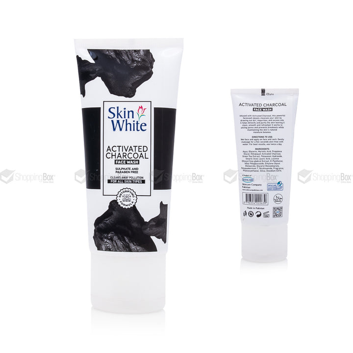 Skin White Activated Charcoal Face Wash 50ml font and back label with ingredients and usage