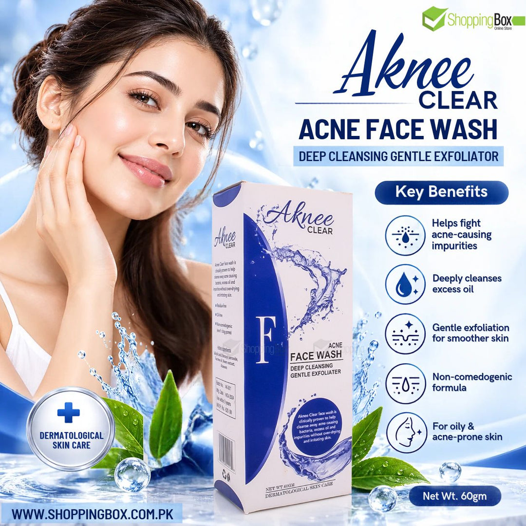 Aknee Clear Acne Face Wash promotional image with female model and skincare benefits