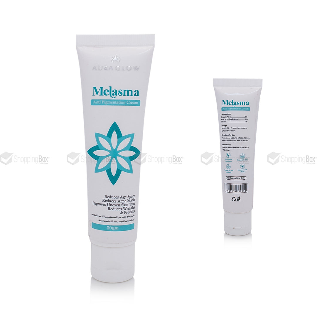 Two tubes of Melasma cream with branding on a white background