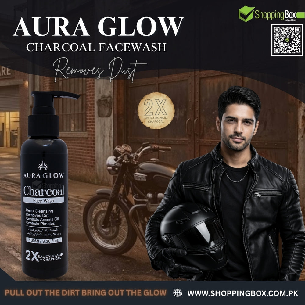 Aura Glow Charcoal Facewash bottle with a man holding a helmet and motorcycle in the background.