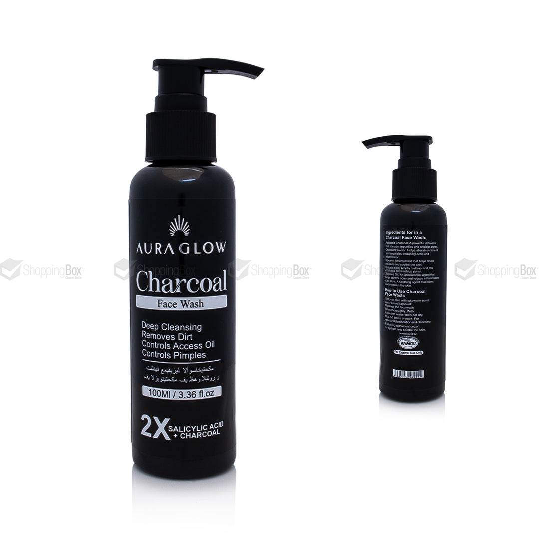 Aura Glow Charcoal Face Wash bottles on a white background