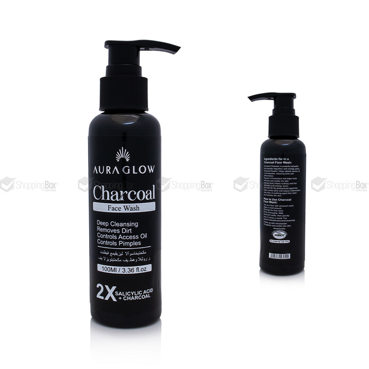 Aura Glow Charcoal Face Wash bottles on a white background