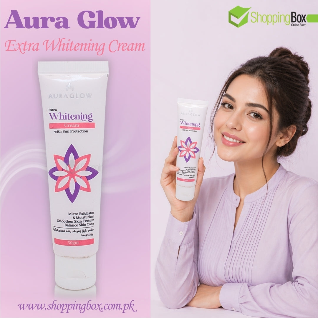 Aura Glow Whitening Cream with model holding product for Shopping Box Poster