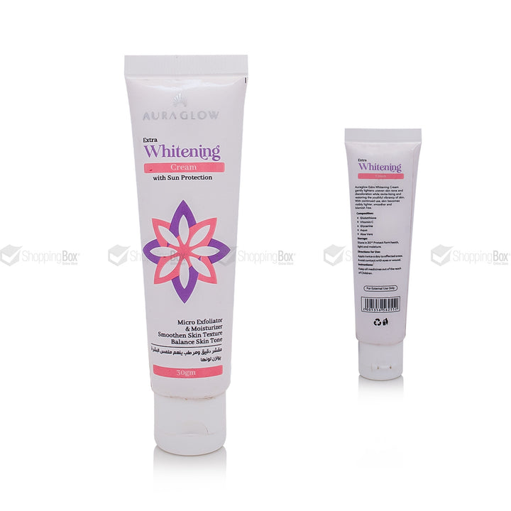 Two tubes of Aura Glow Extra Whitening Cream on a white background