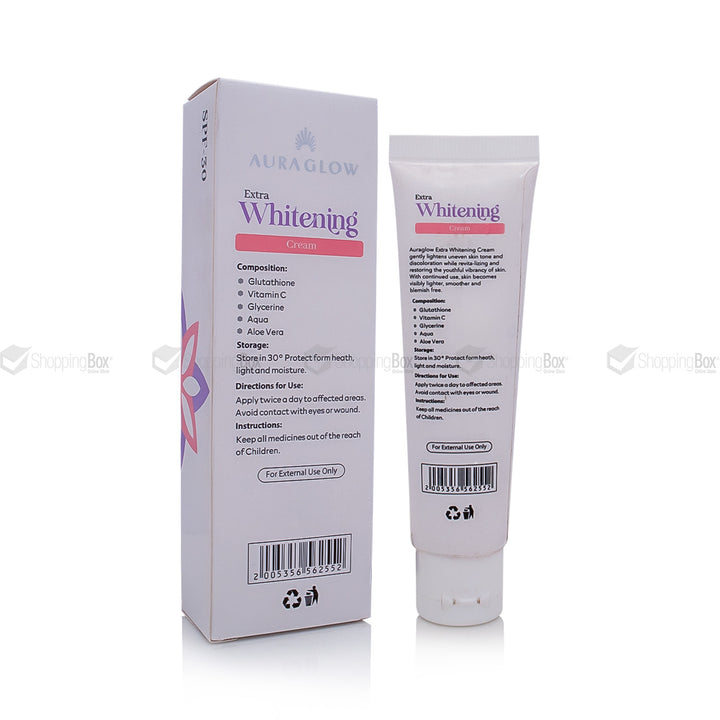 Auraglow Extra Whitening cream packaging on a white background
