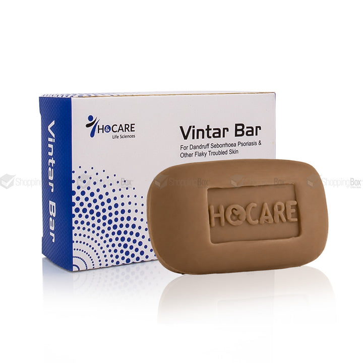 A brown H&CARE Vintar Bar soap bar displayed in front of its white and blue retail box on a clean white background.