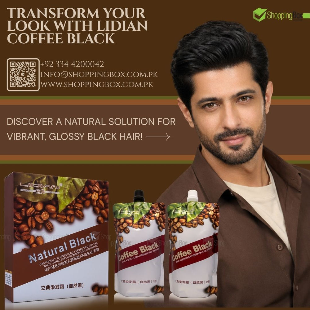 Promotional ad for Lidian Coffee Black hair dye, showing a man on the right, product packaging and two pouches on the left, with text promoting natural glossy black hair.