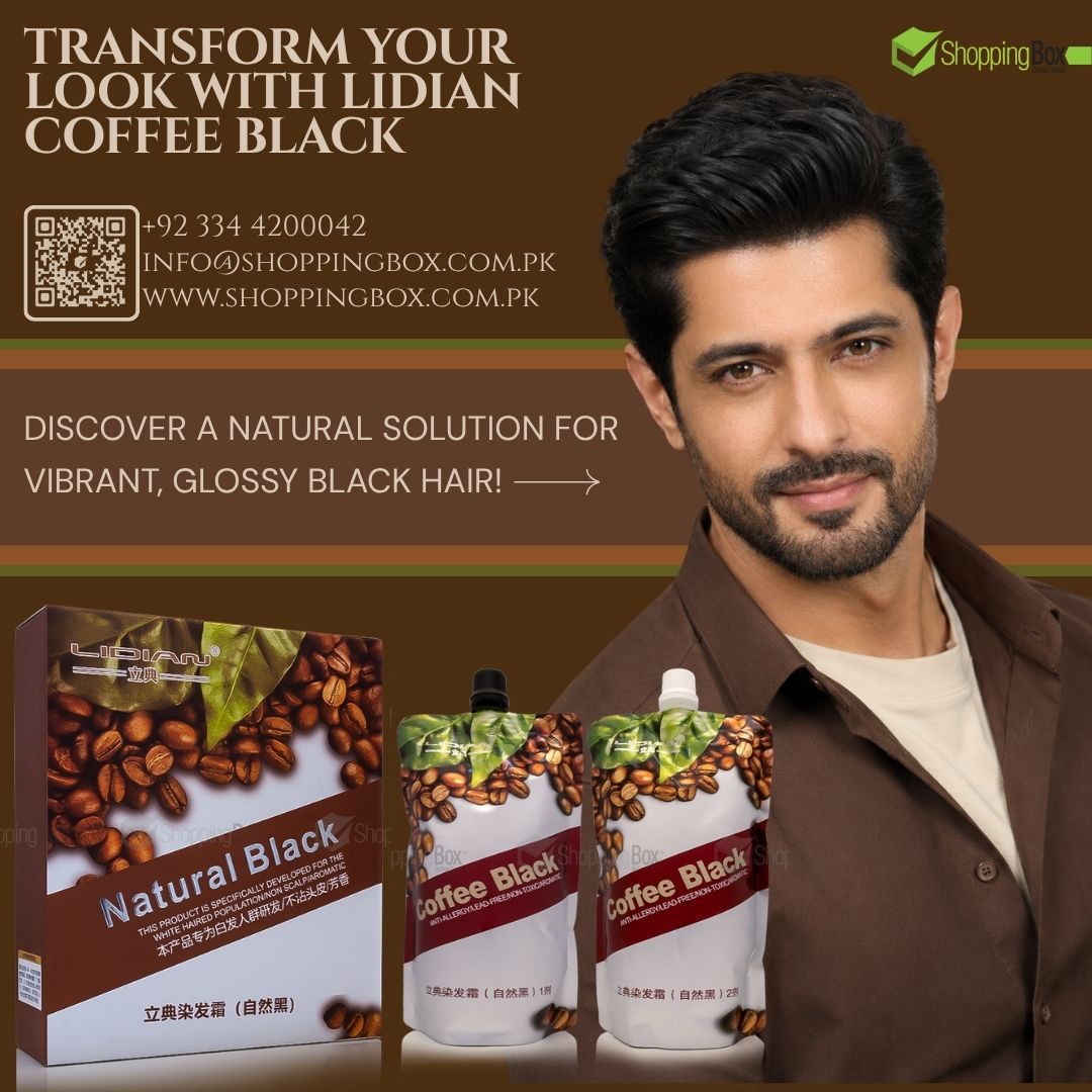 Promotional ad for Lidian Coffee Black hair dye, showing a man on the right, product packaging and two pouches on the left, with text promoting natural glossy black hair.