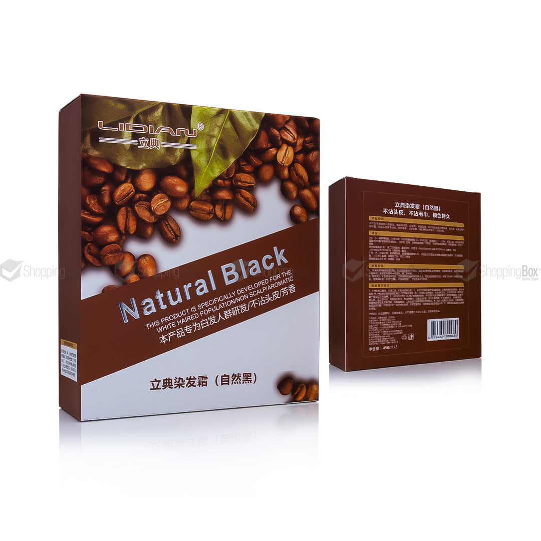 A boxed hair dye product labeled 'Natural Black' shown on a white studio background, with the front of the box on the left and the back panel on the right. The packaging features coffee beans, a leaf, and a brown-to-white gradient design.
