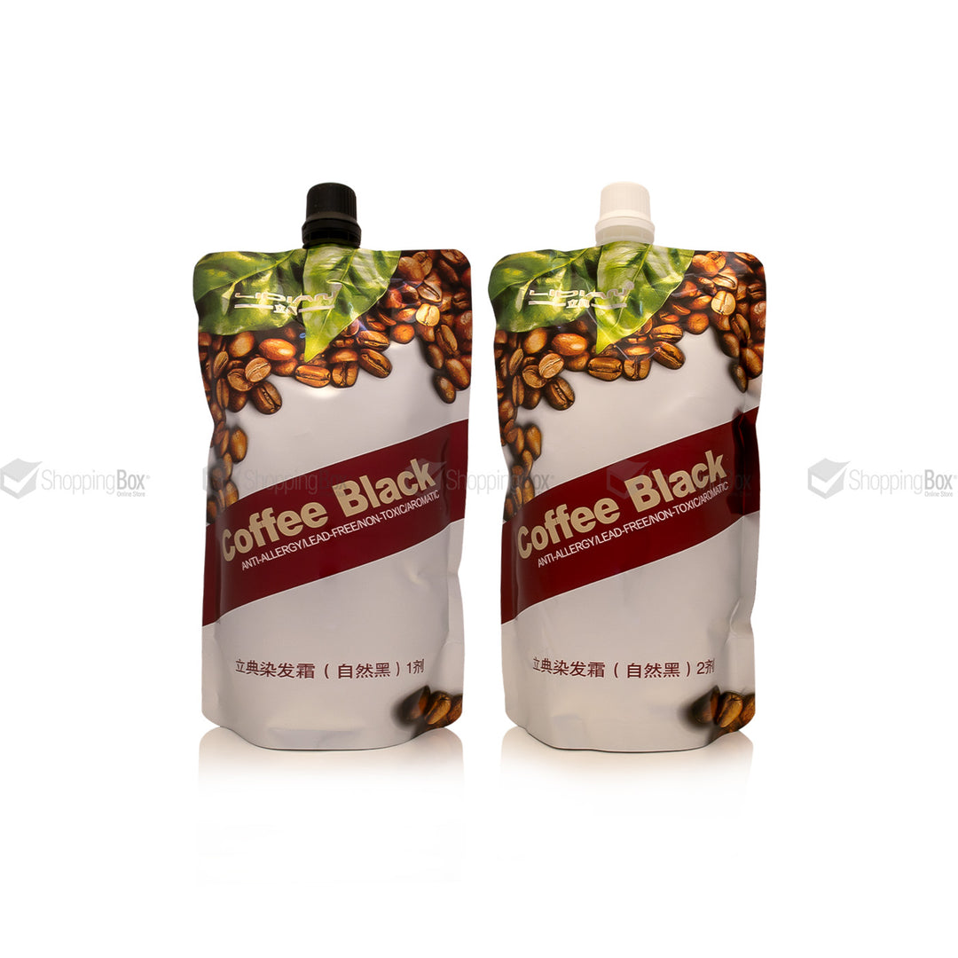 Two stand-up pouches of Coffee Black anti-sealing powder, one with a black cap and one with a white cap, featuring a coffee bean and leaf design on a white background.