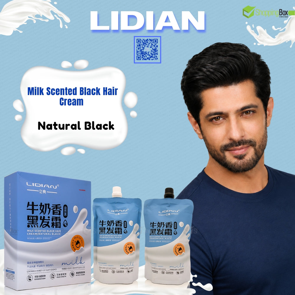 LIDIAN Milk Scented Black Hair Cream advertisement showing a man next to product packaging including a box and two squeeze pouches on a light blue background with milk splash graphics.