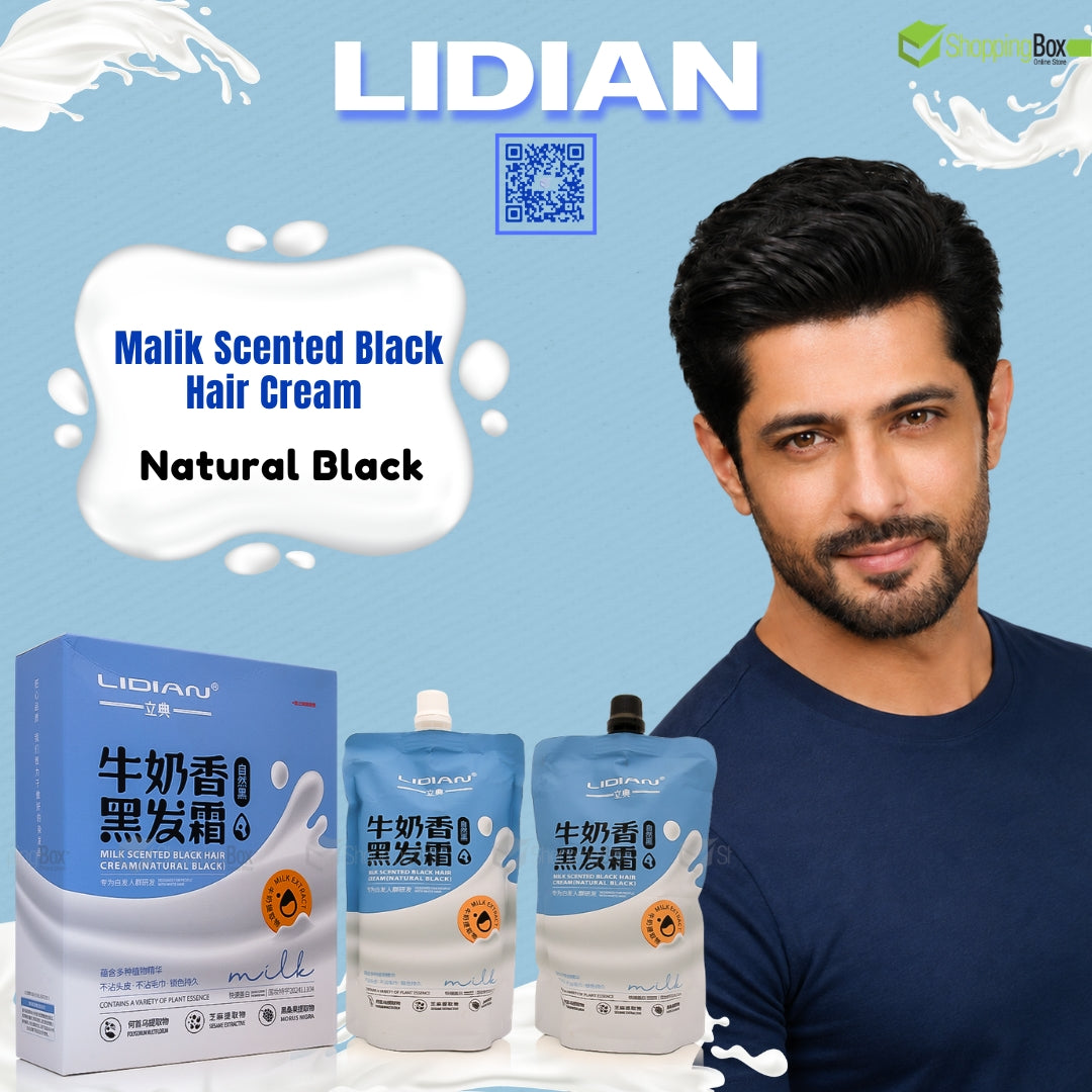 LIDIAN Malik Scented Black Hair Cream product display featuring a blue and white box, two squeeze pouches, and a male model on a light blue background with milk splash graphics.