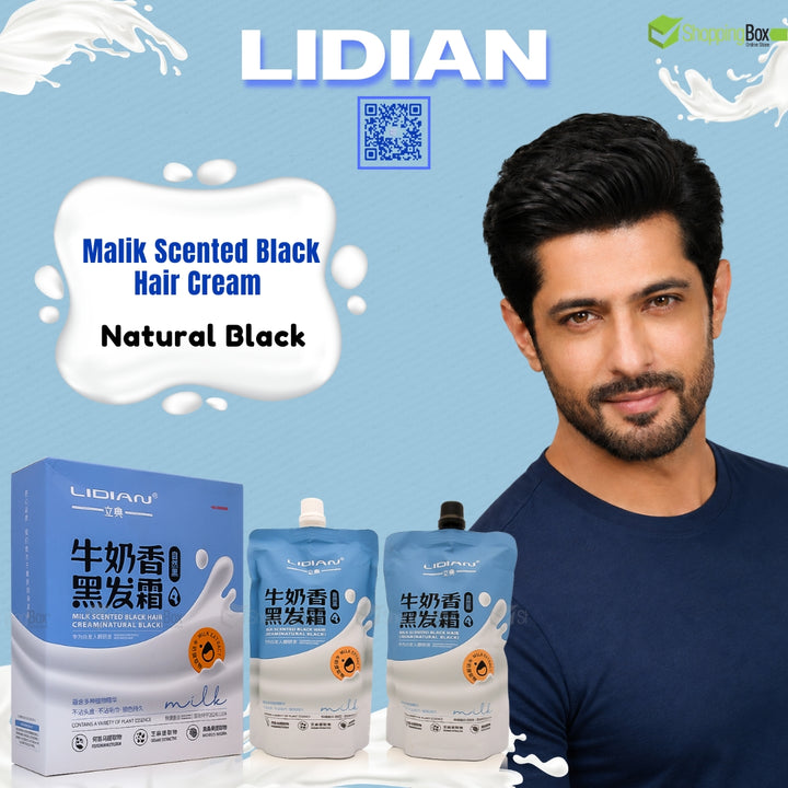 LIDIAN Malik Scented Black Hair Cream product display featuring a blue and white box, two squeeze pouches, and a male model on a light blue background with milk splash graphics.