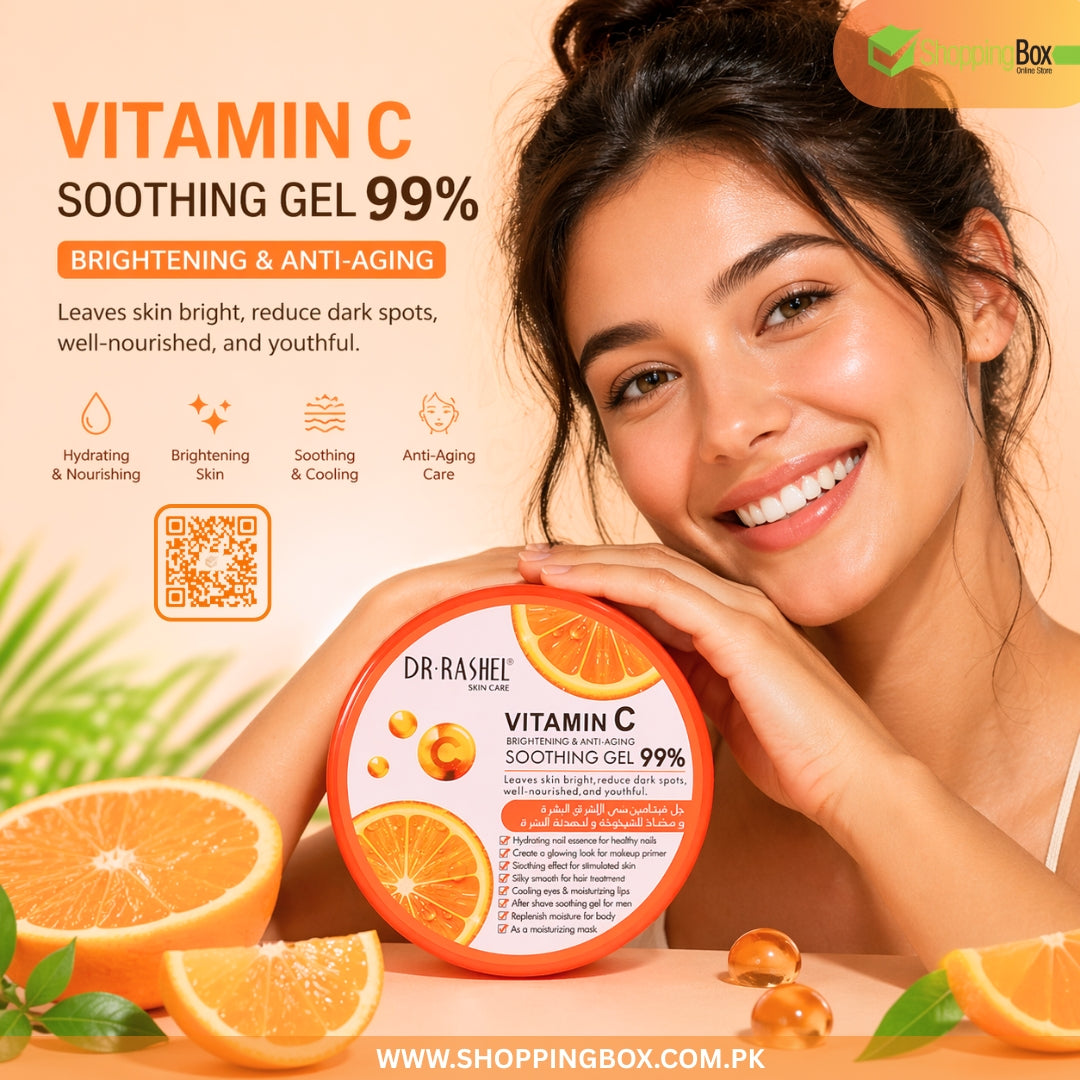 Woman holding a container of Dr. Rashel Vitamin C Soothing Gel with oranges and a QR code on a beige background.