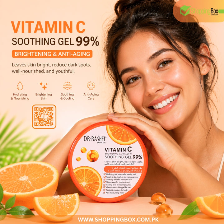 Woman holding a container of Dr. Rashel Vitamin C Soothing Gel with oranges and a QR code on a beige background.