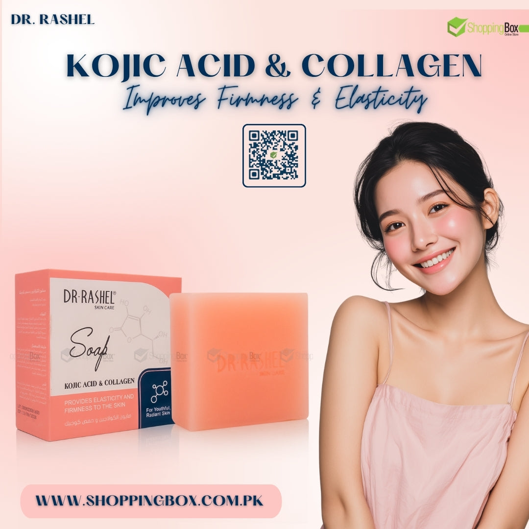 DR. RASHEL Kojic Acid & Collagen soap with a woman on a light pink background