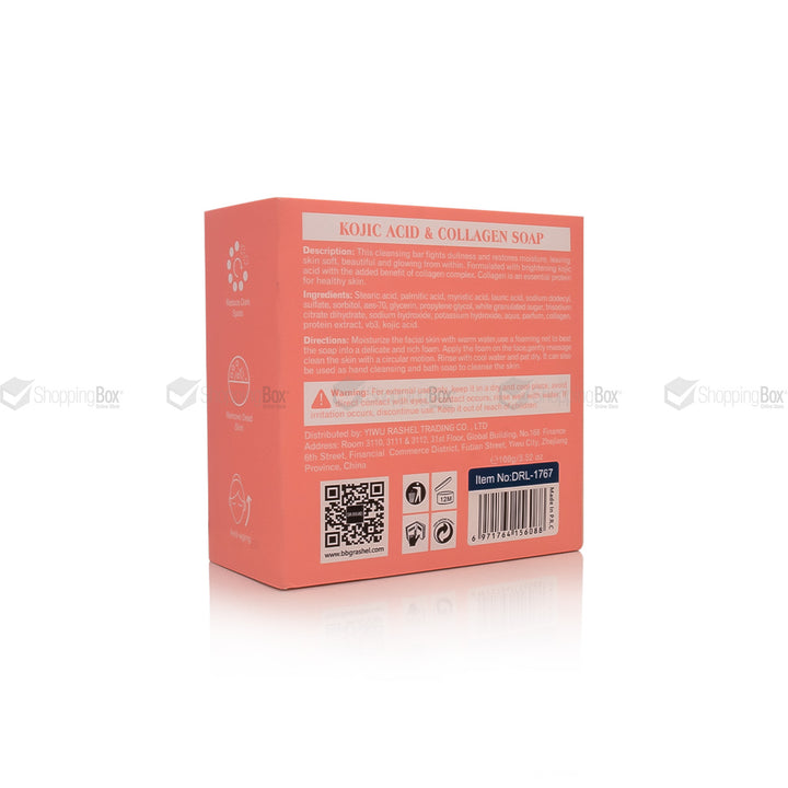 Pink soap packaging with text and bar code on a white background