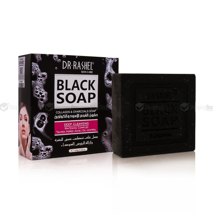 Front view of Dr Rashel Collagen & Charcoal Black Soap 100 g.
