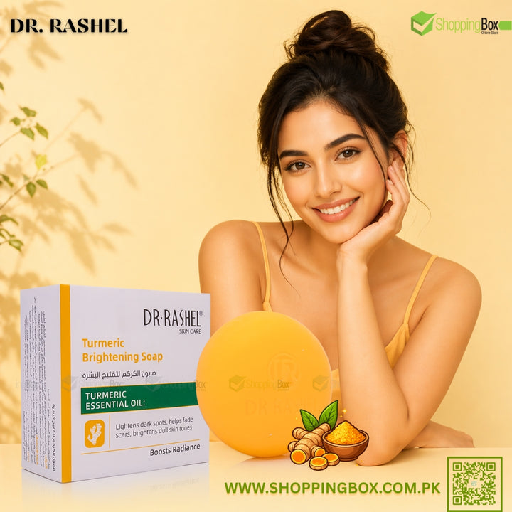 Woman with Dr. Rashel Turmeric Brightening Soap on a yellow background
