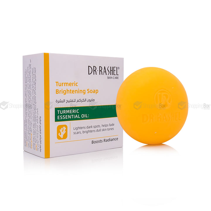 Dr. Rashel Turmeric Brightening Soap packaging with a yellow soap bar on a white background